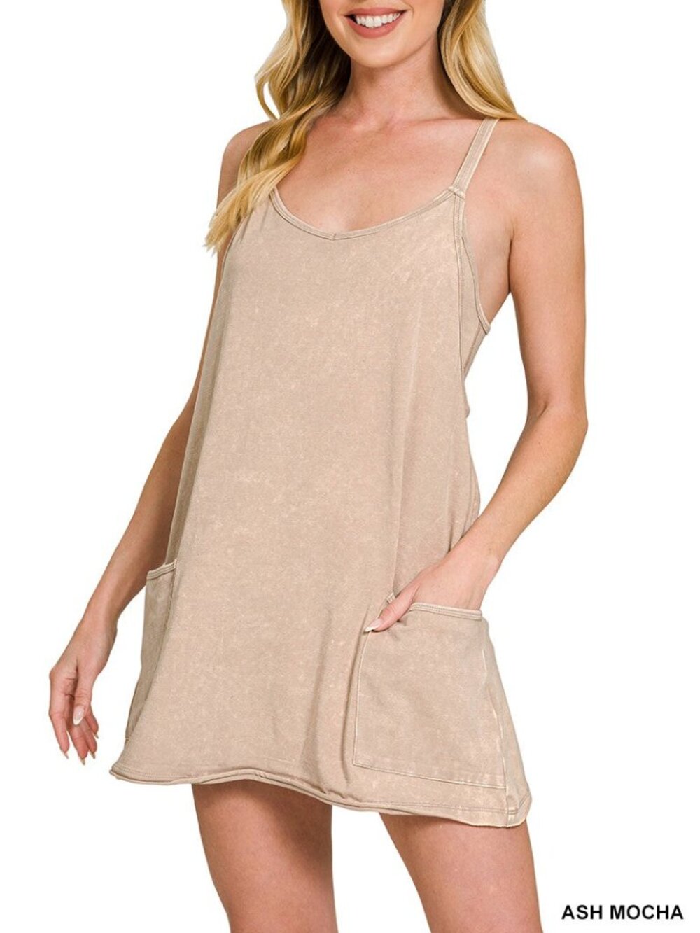 Zenana Ash Mocha Acid Washed Mini Dress With Built-in Romper